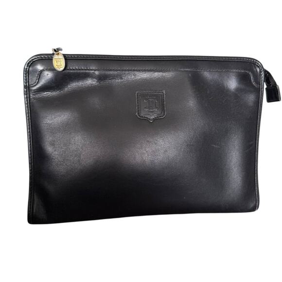 Vintage Celine Clutch Bag Leather Black Triomphe Pouch Purse - Picture 3 of 8